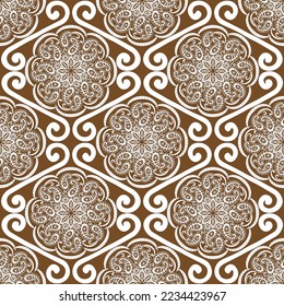 Seamless floral pattern, hand drawn, vector. White mandalas, boho style, brown background.