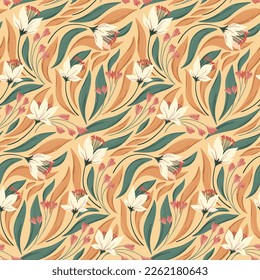 Seamless floral pattern with hand drawn plants in natural colors. Beautiful botanical design, elegant ditsy print with small flowers, leaves in an ornate arrangement on a light background. Vector.