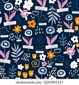 Seamless floral  pattern with hand drawn flowers. Herbarium summer blossom background. Perfect for fabric design, wallpaper, apparel. Vector illustration