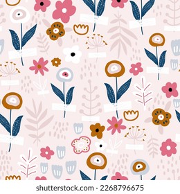 Seamless floral  pattern with hand drawn flowers on pink. Herbarium summer blossom background. Perfect for fabric design, wallpaper, apparel. Vector illustration