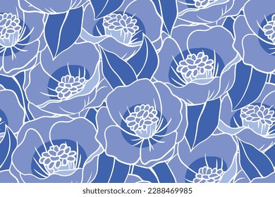 Seamless floral pattern, hand drawn flower print in blue color. Monochrome botanical design for fabric, paper, background: large flowers buds, leaves in a dense composition. Vector illustration.