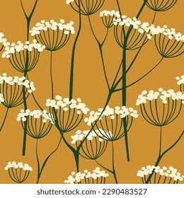 Seamless floral pattern, hand drawn botanical print in vintage style. Elegant natural surface design with drawing wild flowers, branches on a mustard background. Vector illustration.
