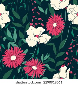 Patrón floral sin foco con jardín silvestre dibujado a mano. Diseño botánico para impresión: flores grandes, hojas, hierbas, ramas pequeñas en un plano abstracto sobre un fondo azul oscuro. Ilustración vectorial.