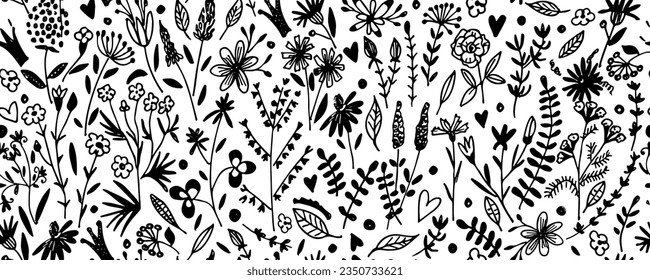 Patrón floral sin foco con plantas dibujadas a mano, hojas, flores silvestres. Perfecto para el diseño de tejidos, papel pintado, vestimenta. Ilustración del vector