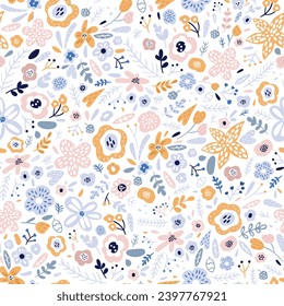 Seamless floral pattern with hand drawn small flowers, berries and leaves. Blooming winter forest texture for fabric, textile, apparel. Vector illustration.