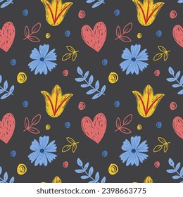 Seamless floral pattern with hand drawn bright blue,  yellow flowers and heart on a black background. Print perfect for fabric design, wallpaper, apparel, vector illustration