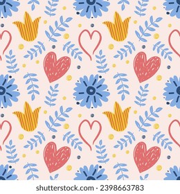 Seamless floral pattern with hand drawn bright flowers, leaves and heart. Spring blossom background perfect for fabric design, wallpaper, apparel, vector illustration