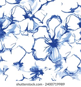 白い背景にシームレスな花柄と手描きの青い花園要素のベクター画像素材
