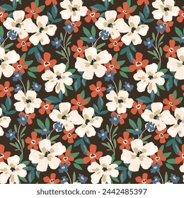 Seamless floral pattern, hand drawn liberty ditsy print in vintage motif. Elegant botanical wallpaper, textile design: small wild flowers, leaves, foliage abstract on a dark field. Vector illustration