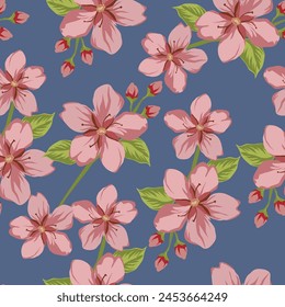 Seamless floral pattern with hand drawn blue flower garden elements on an isolated white background