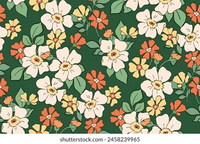 Seamless floral pattern, hand drawn liberty meadow flower print. Abstract ditsy ornament, retro motif botanical design: large daisies, small flowers, random leaves on green field. Vector illustration.