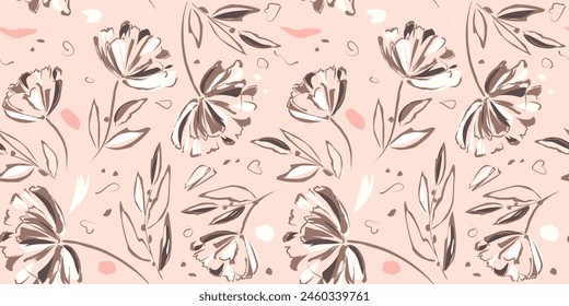 Patrón floral sin costuras con Elementos de fondo de hojas y flores dibujadas a mano en colores rosa, blanco y marrón