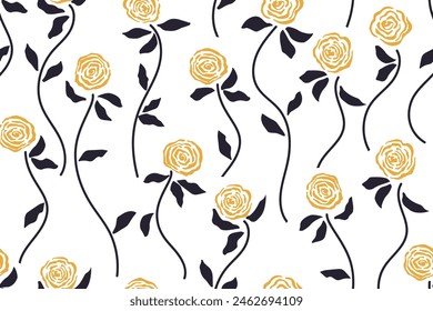 Seamless floral pattern with hand drawn floral garden elements, yellow roses and dark leaves on off-white, white background. Monochrome modern botanical print