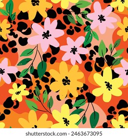 Patrón floral sin costura con Vector de fondo de flores dibujadas a mano, textil de impresión de tendencia  