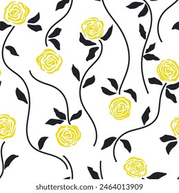 Patrón floral sin costuras con Elementos de jardín florales dibujados a mano, rosas amarillas y hojas oscuras sobre fondo blanco roto. Estampado botánico moderno monocromo