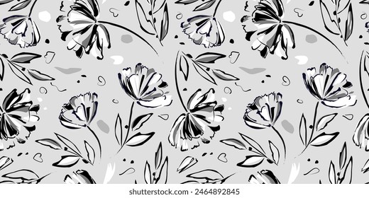 Seamless floral pattern with hand drawn flower garden and leaf background elements in grey, white and black. Monochrome botanical print