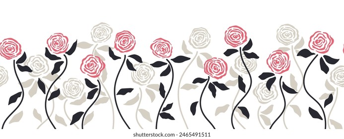 Seamless floral pattern with hand drawn floral garden elements, red roses and dark leaves on off-white, white background. Monochrome modern botanical print