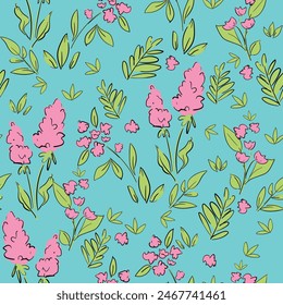 Seamless floral pattern with hand drawn cute pink flowers background vector 