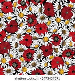 Seamless floral pattern. Hand drawn pattern with daisies and red flowers. Summer floral pattern for print, textile, wrapping paper, web backgrounds. Endless vector illustration