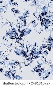 Seamless floral pattern with hand drawn blue flower garden elements on an isolated white background