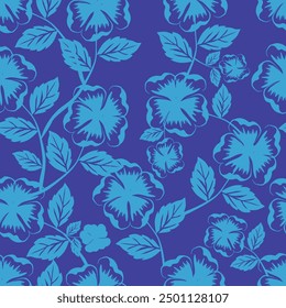 Seamless floral pattern with hand drawn blue flower garden elements on an isolated white background