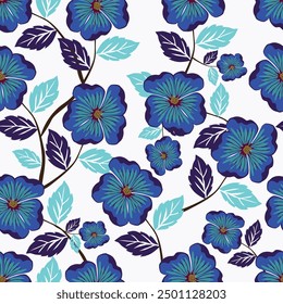 Seamless floral pattern with hand drawn blue flower garden elements on an isolated white background