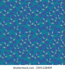 Seamless floral pattern with hand drawn blue flower garden elements on an isolated white background