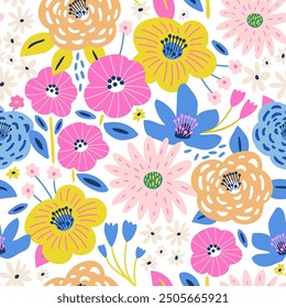 Seamless floral  pattern with hand drawn flowers. Spring  summer blossom background. Perfect for fabric design, wallpaper, apparel. Vector illustration