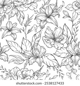 Seamless floral pattern with hand drawn line art flowers. Engraving style. Black and white.
