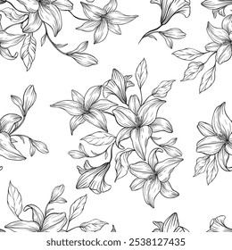 Seamless floral pattern with hand drawn line art flowers. Engraving style. Black and white.
