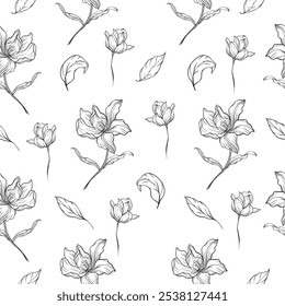 Patrón floral sin fisuras con flores de arte de línea dibujadas a mano. Estilo de grabado. Blanco y negro.
