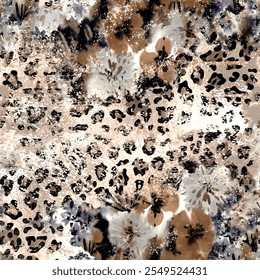 Seamless floral pattern with hand drawn art wild african animal leopard skin background elements in brown and black colors. Flower and leaf wallpaper design vector