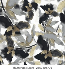 Seamless floral pattern with hand drawn art abstract autumn flower and leaf background elements isolated in brown, black and gray colors