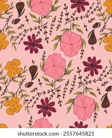 Seamless floral pattern, Hand drawn, wedding decor flowers, pink, endless, all over print to use textile, fabric, clothing, backdrop, wallpaper, home textile, clothing, fashion, packaging, gift wrap