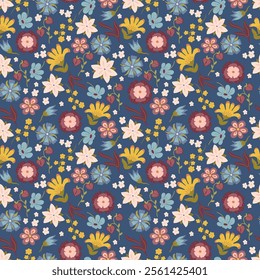 Seamless floral pattern with hand drawn plants flowers, leaves, twigs. Colorful floral summer background. Vector design for wrapping, fabric, interior decor, textile, print, brochure, label, wallpaper