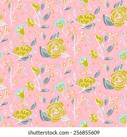 Seamless floral pattern with hand drawn flowers on pink background. Abstract flowers for your design.