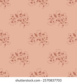 Seamless Floral Pattern. Hand drawn branch with flowers on brown Background. Elegant Minimal Design for Textiles and Decor in color year mocha mousse of 2025. Vector illustration