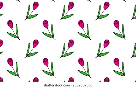 Seamless floral pattern with hand drawn pink tulip flower buds with green leaves on a white background. Ideal for fabric, wrapping paper and decorative designs.