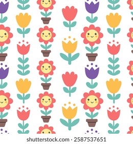 Seamless floral pattern with hand drawn flowers. Bright, colorful, and playful design. Perfect for textiles, wallpapers, wrapping paper, and decorative designs.