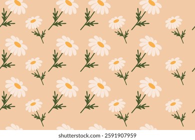 Seamless floral pattern with hand drawn white daisy flowers and green leaves on a pastel background.  Design for wrapping paper, wallpaper, textile, poster background, etc.