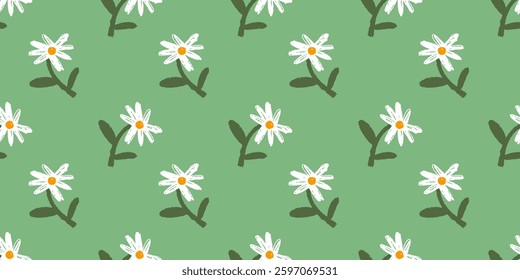 Seamless floral pattern with hand drawn daisies on green background. Botanical design for print, fabric, wallpaper or wrapping paper. Vector illustration
