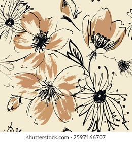 Seamless floral pattern with hand drawn art abstract autumn flowers and leaf background elements in brown and black colors. Flower garden wallpaper design vector