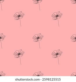 Seamless floral pattern with hand drawn black flowers on a soft pink background. Minimalistic and elegant line art design, perfect for textiles, wallpapers, packaging, and backgrounds.