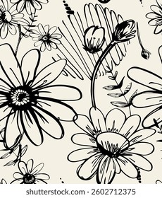 Seamless floral pattern with hand drawn art abstract leaf and daisy background elements isolated in black and white colors. Flower garden pattern design vector