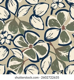 Seamless floral pattern with hand drawn art abstract autumn flowers and leaf background elements in green, brown and black colors