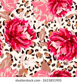 Seamless floral pattern with hand drawn red and brown abstract African wild animal leopard skin background elements