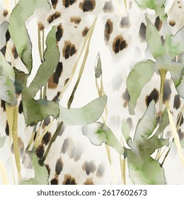 Seamless floral pattern with hand drawn abstract wild animal leopard skin background elements in green, brown, and beige colors. Floral and leaf pattern wallpaper design vector