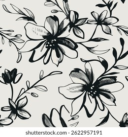 Motif floral harmonieux d'art dessiné à la main, arrière-plan abstrait floral et feuille, éléments aux couleurs noir et blanc. Image vectorielle de fond d'écran de jardin de fleurs