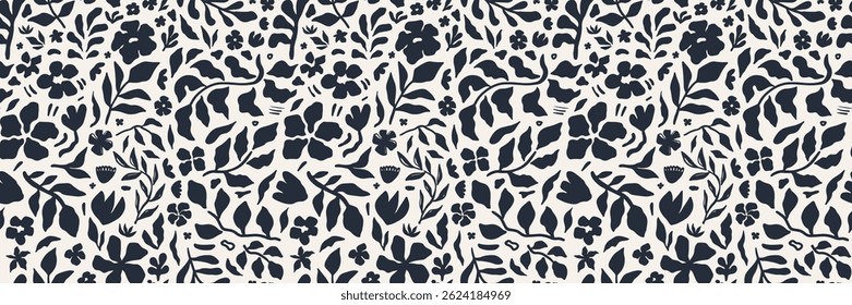 Nahtloses Blumenmuster mit handgezeichneten schwarzen Silhouetten von Blumen und Blättern auf weißem Hintergrund. Modernes botanisches Design für Stoff, Tapete, Verpackung und Textildekoration