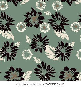 Padrão floral contínuo com flores de outono abstratas desenhadas à mão e elementos de fundo de folha em cores pretas, marrons e verdes